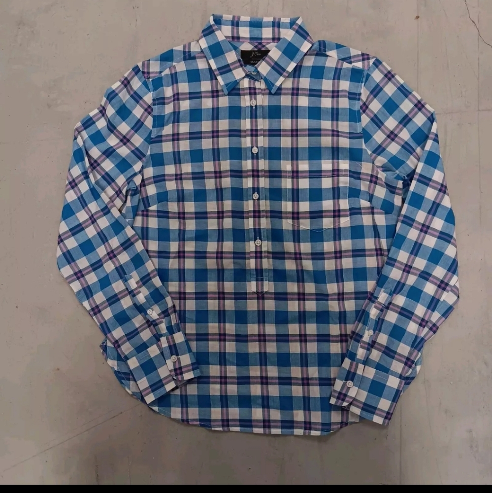 J Crew Women Long Sleeve Popover Shirt Top Blouse Size 6 Blue Pink Plaid Classic